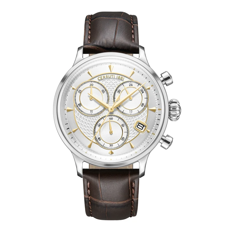 Cerruti 1881 Dervio Chronograph Gents Watch - Silver Dial, Gold Accents, Brown Leather