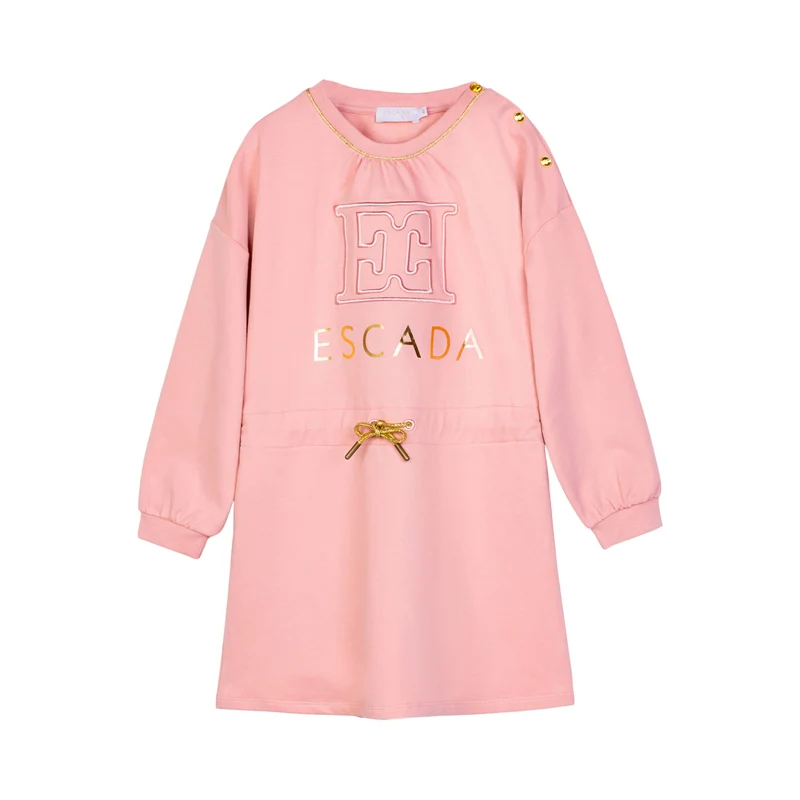 Escada Kids Girl's Pink Logo Sweatshirt Dress with Gold Details 4 / Pink
