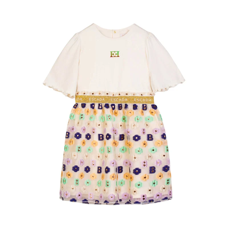 Escada Kids Girl's Dress with Embroidered Floral Tulle Skirt 4 / White