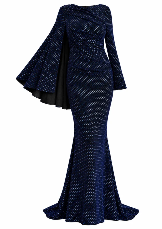 Talbot Runhof Women's Long Gown with Draped Neckline and Cape Sleeve 40 / Navy