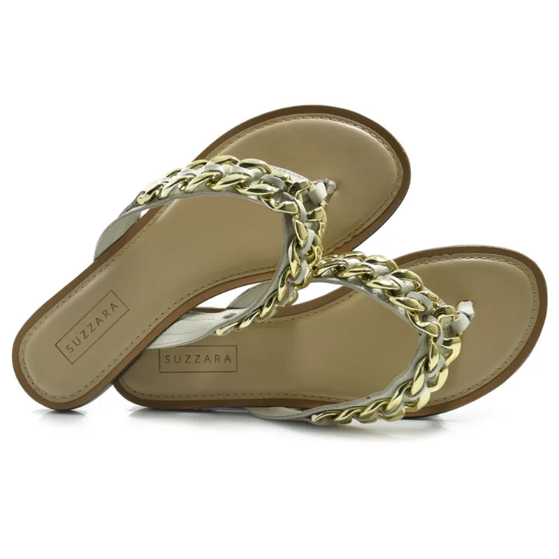 Sandália Rasteira de Couro Feminina Suzzara Off White 487-7703 37