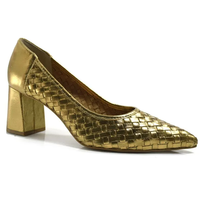 Scarpin de Couro e Salto Bloco Suzzara Dourado 7150509 40