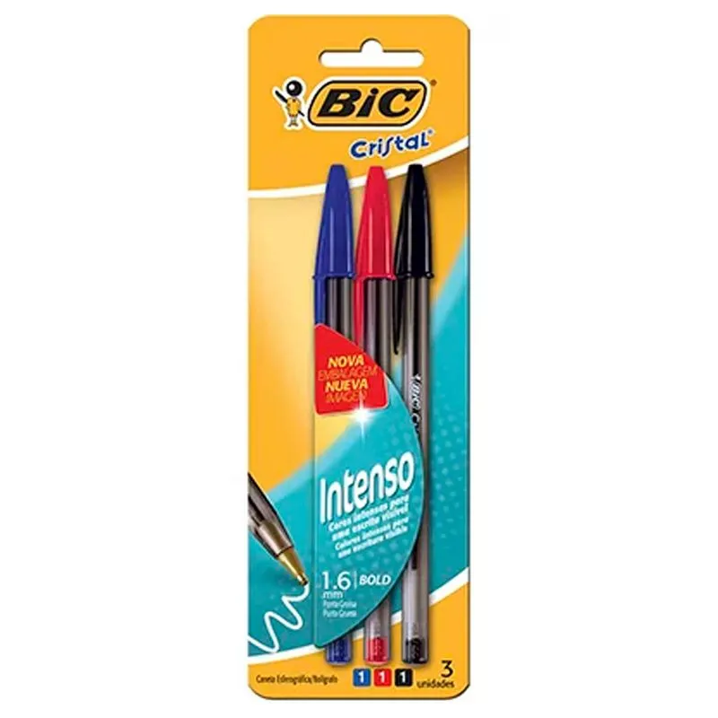 Caneta Esferografica 1.6mm Cristal Intenso Azul/preto/vermelho - Blister C/3 Un- Bic