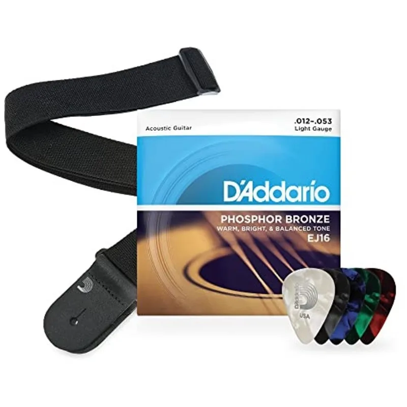 D'Addario Cordas de Guitarra Acústica, Paltas, Kit Iniciante de Correia - Cordas Acústicas de Bronze Fosfórico EJ16, 12-53 Light - Poly Pro Black Guitar Strap - 10 pack Celuloide Variado, Palhetas de