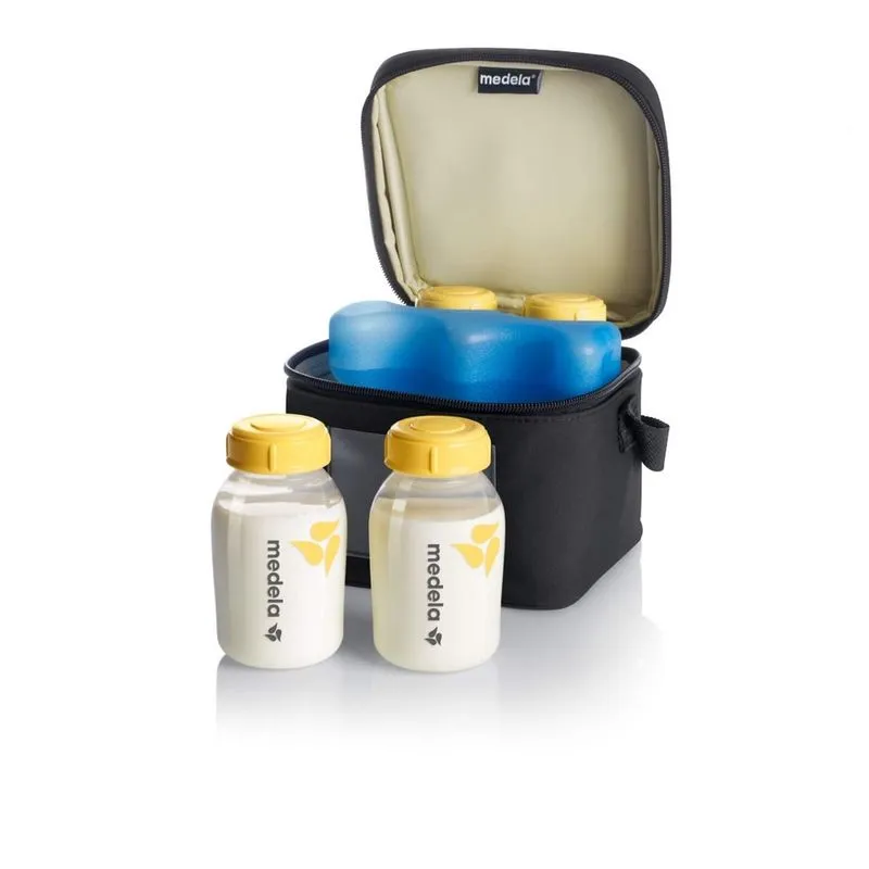 Medela Breast Milk Cooler and Transport Set, garrafas de 5 onças com tampas, saco de gelo contornado, saco de transporte mais frio