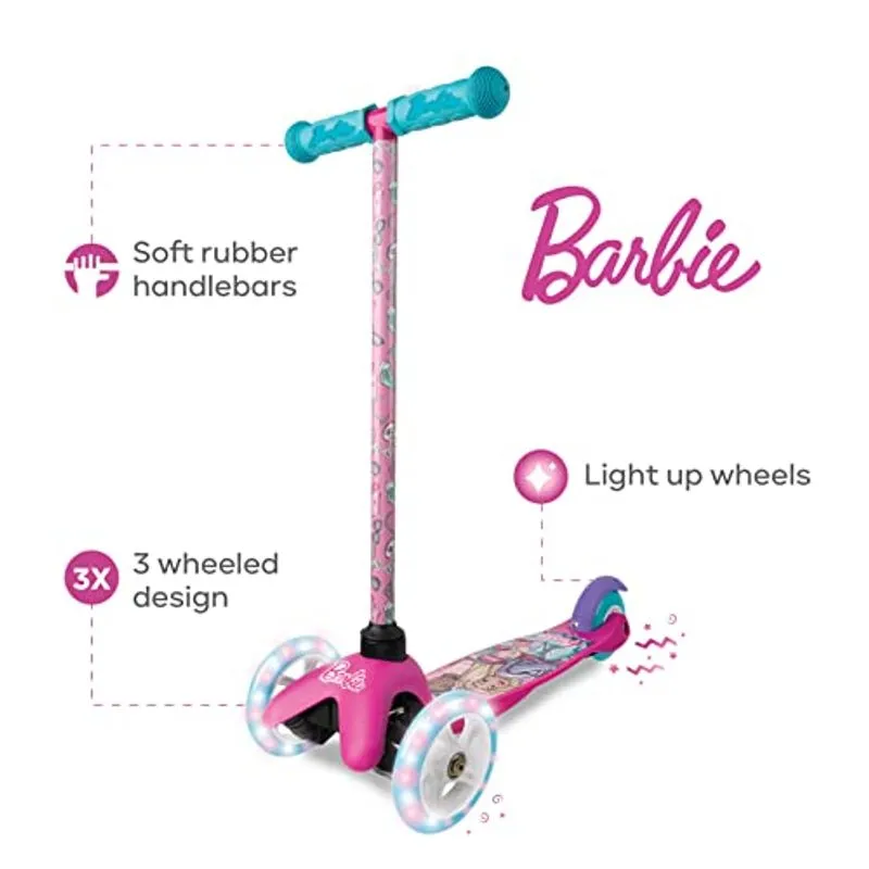 Patinete Barbie Autobalanceado - Rodas Iluminadas - Plataforma Larga - 3 Rodas - Freio Pé - 34kg Limite - 3+ - Crianças