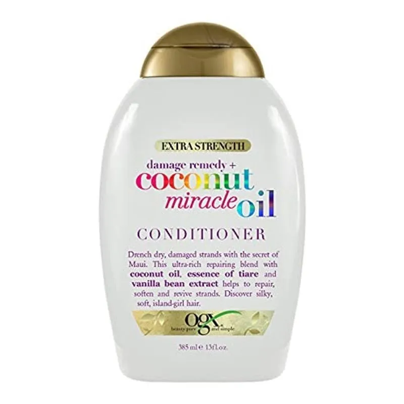 Ogx Extra Strength Damage Remedy + Condicionador de Óleo Milagre de Coco para Cabelo Seco, Frizzy ou Grosseiro, Hidratante & Alimentador de Domador, Sem Parabeno, Surfactantes Livres de Sulfato, 13 fl