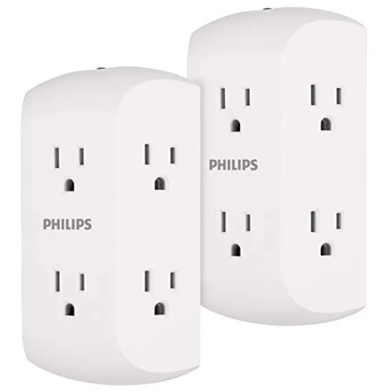 Estente philips 6-outlet, 2 pacote, disjuntor redefinitivo, tomadas espaçadas adaptadora, 3-Prong, estação de carregamento, acesso lateral, toque de parede aterrado, perfeito para carregamento de celu