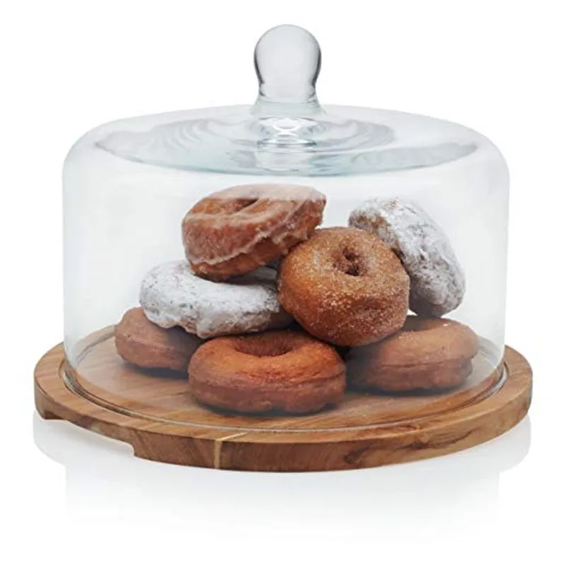 Libbey Acaciawood Flat Round Wood Server Cake Stand Com Cúpula De Vidro