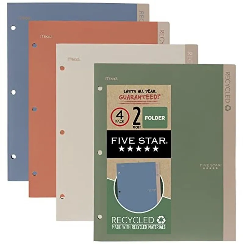 Cinco estrelas reciclado 2-pocket pastas, 4 pacotes, pastas de plástico, encaixa aglutinantes de 3 anéis, segura 11 x 8-1/2, cores variadas (330027)