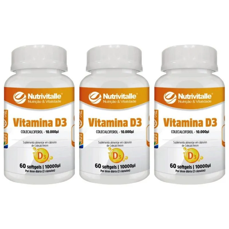 Kit 3 un - vitamina D3 1000UI 60 capsulas - nutrivitalle