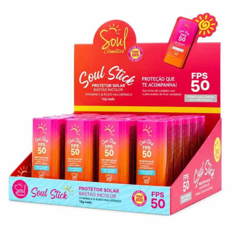 Box c/24 Protetor Solar em Bastão Incolor FPS 50 12g Soul Cosméticos