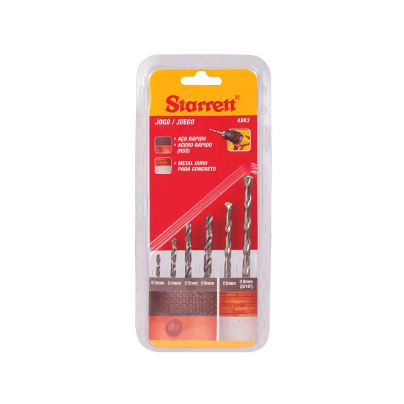 Jogo brocas C/4 pcs aço rapido 2 pcs metal duro p/ concreto starrett KBK3