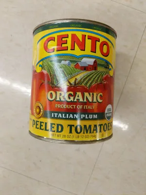 Organic whole peeled tomatoes in juice with basil leaf