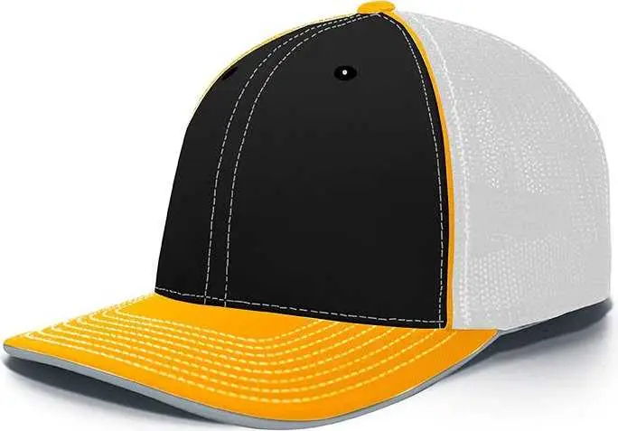 Pacific Headwear 404F Trucker Flexfit Cap - Black White Gold Black Yellow-Gold / 6 1/2" 7"