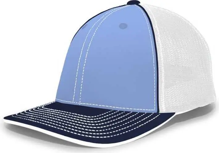 Pacific Headwear 404F Trucker Flexfit Cap - Columbia Blue White Navy Blue-Columbia Blue-Navy / 7 3/8" 8"