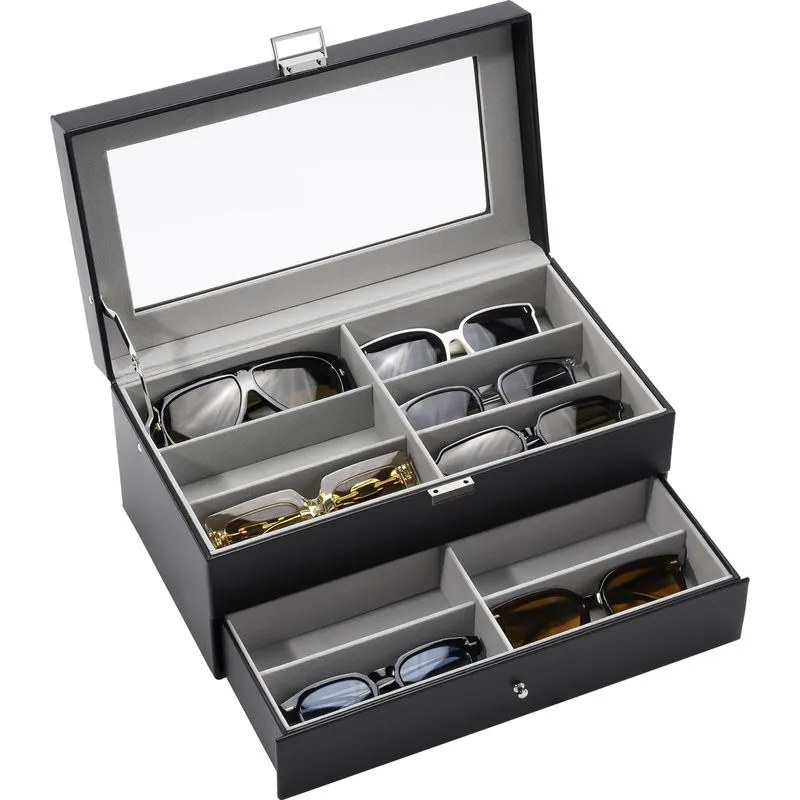 Organizador De Óculos De Sol Procase 12 Slots 2 Camadas De Couro Preto
