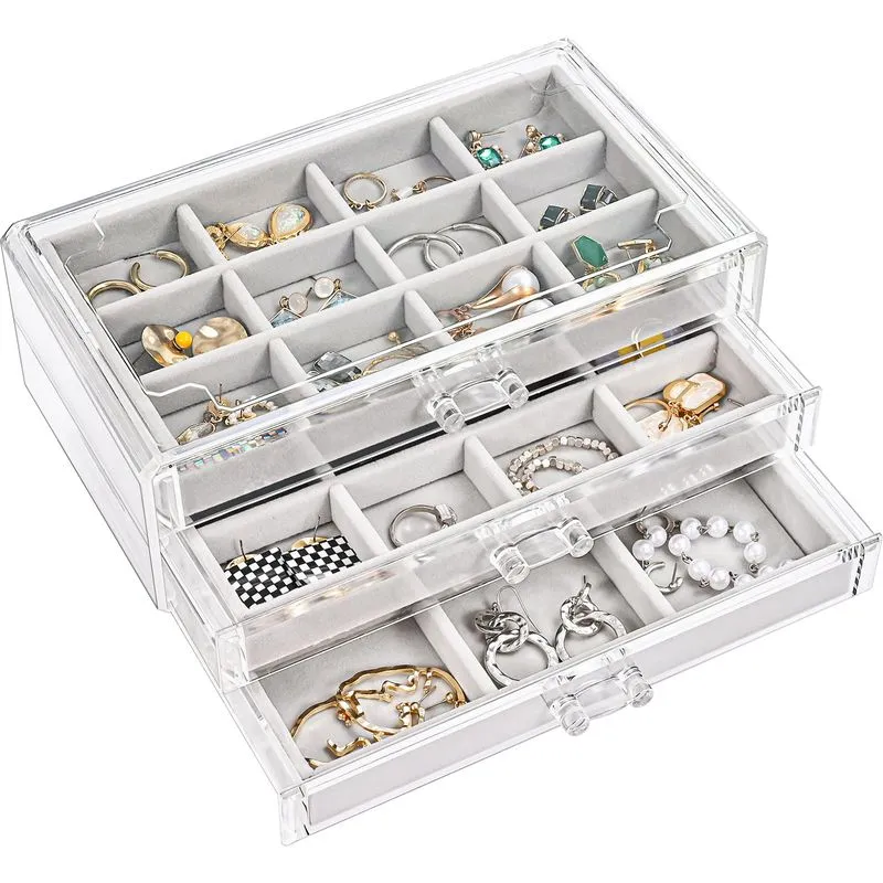 Caixa De Joias Procase, Porta-brincos, Organizador, 3 Gavetas, Cinza