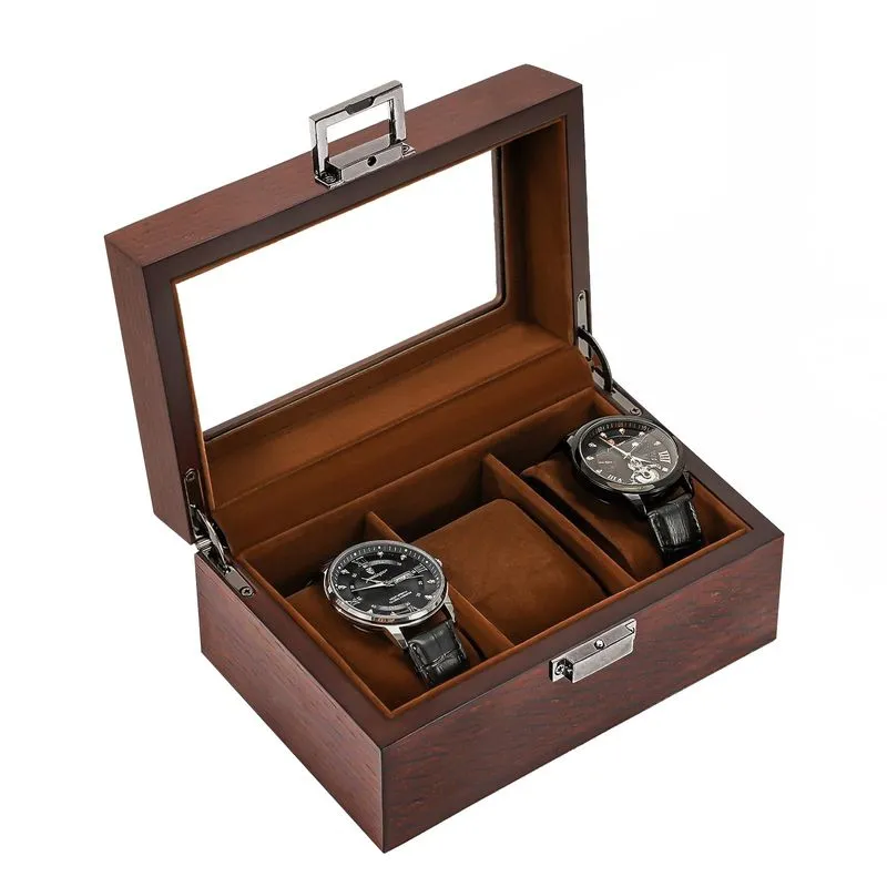 Caixa De Relógio Procase De Madeira Para Homens Com 3 Slots Com Tampa De Vidro