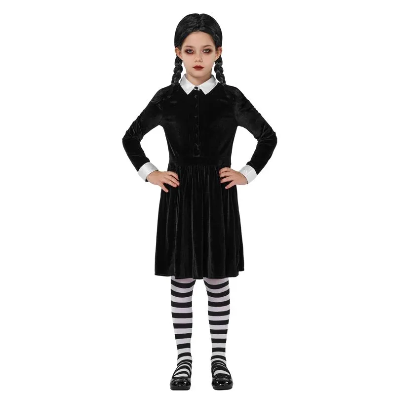 Costume Spooktacular Creations, Gola Para Meninas, Vestido Preto E Peruca