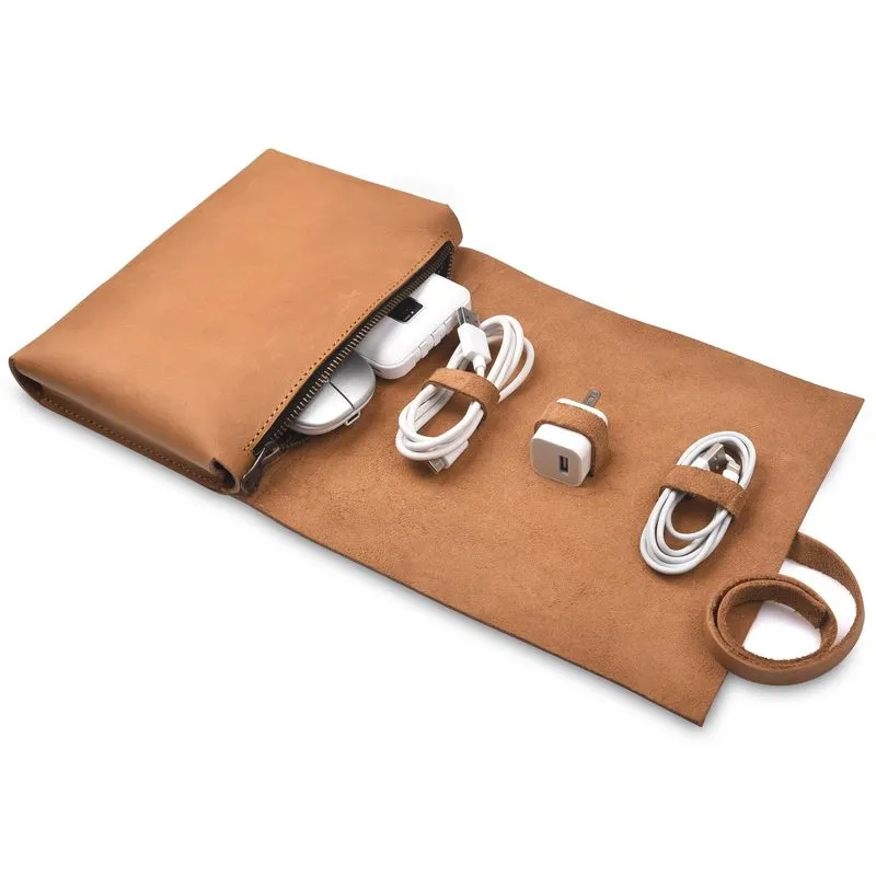 Bolsa Tecnológica: Couro Nutuch Para Cabos, Carregadores, Telefone, Bronzeado