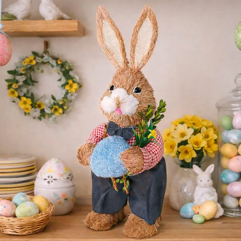 Boneco Coelho Decoração Enfeite Páscoa Palha Artesanal 55cm