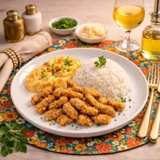 Iscas de Frango à Milanesa, Arroz Branco e Purê Caboclo (Batata e Cenoura) : 350_g