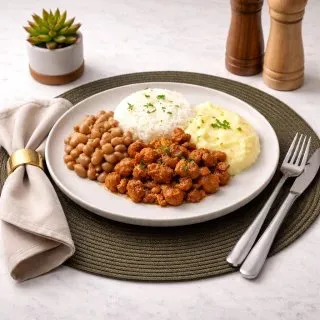 Linguiça Toscana Moída, Arroz Branco, Feijão e Purê de Batatas : 350_g