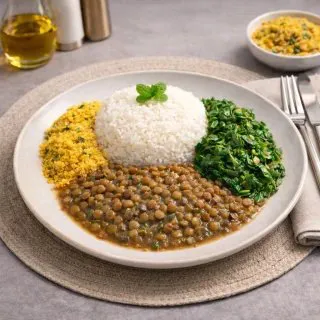 Lentilha, Arroz Branco, Couve Refogada e Farofa : 340_g