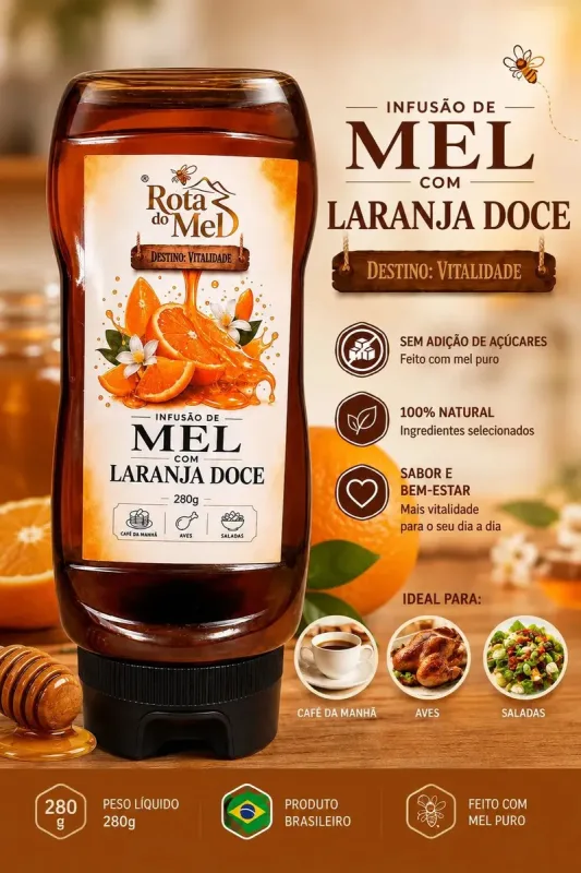 Mel com Laranja Doce 280g Rota do Mel - 100% Natural, Sem Açúcar, Vitalidade no Dia a Dia