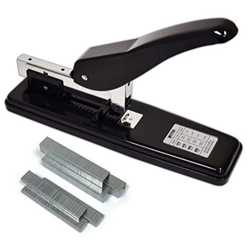Grampeador comercial para serviço pesado com 2.000 grampos, aço polido preto, 100 chapas de alta capacidade, alavanca ergonômica arredondada e base de estabilidade ponderada, grampeador grande sem enc