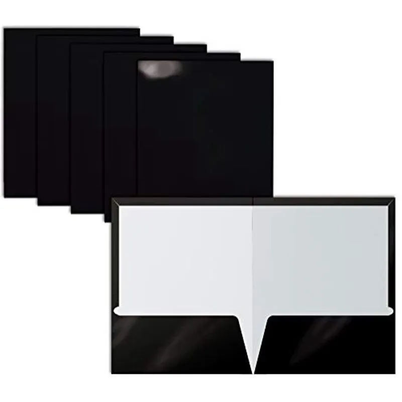 2 Pastas de Papel Preto Laminado Brilhante de Bolso, Tamanho da Carta, Portfólios de Papel Preto por Melhores Produtos de Escritório, Caixa de 25 Pastas Pretas