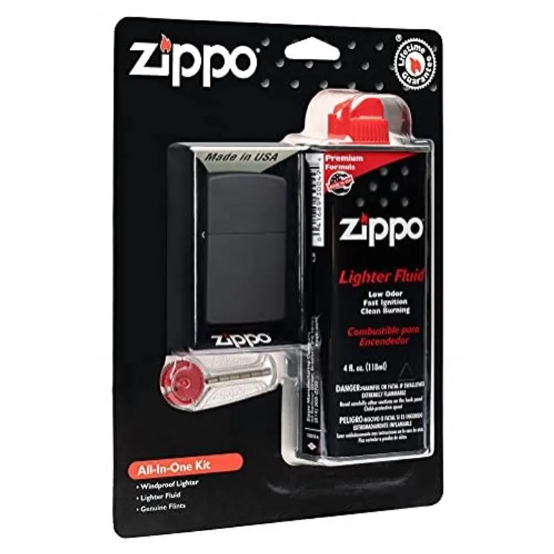 Kit Zippo All-in-One com isqueiro à prova de vento preto matte