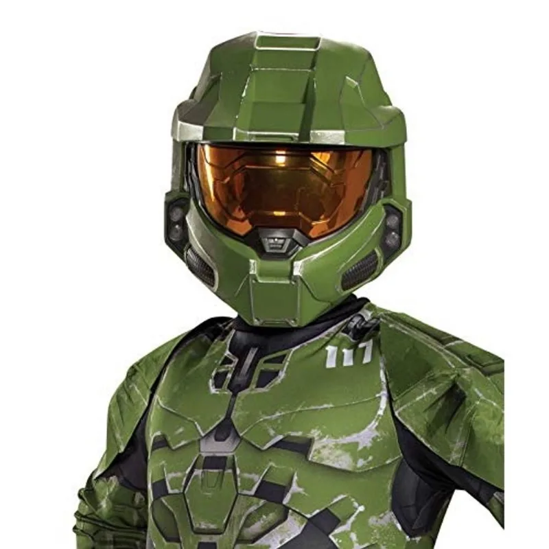 Disfarce Halo Infinite Master Chief Mask, Kids Costume Headwear Acessório, Child Size Video Game Inspirado Vacuform Half-Mask, Green & Gold