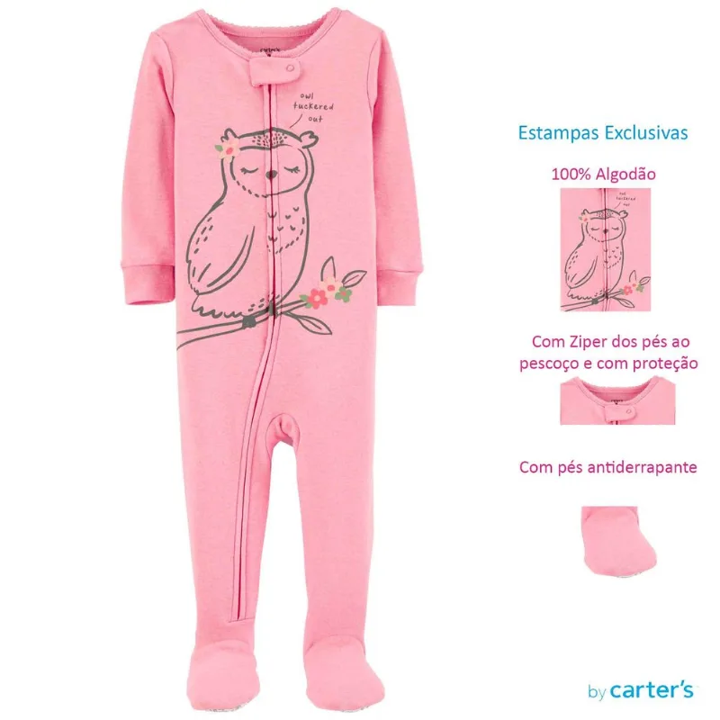 Macacão Carter's Menina Malha Rosa Corujinha Com Pé Coleção Nova Carters