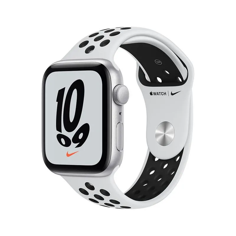 Apple Watch Nike SE GPS, 44mm Caixa prateada de alumínio Pulseira esportiva Nike Platina/preto