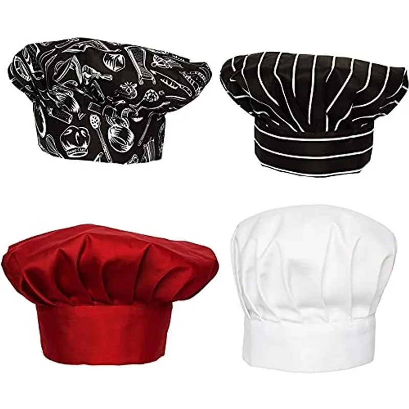 Chef Chapéus Para Adultos, Tampas De Cozinha Para Padeiros, Cozinheiros (preto, Vermelho, Branco, 4 Pacote)