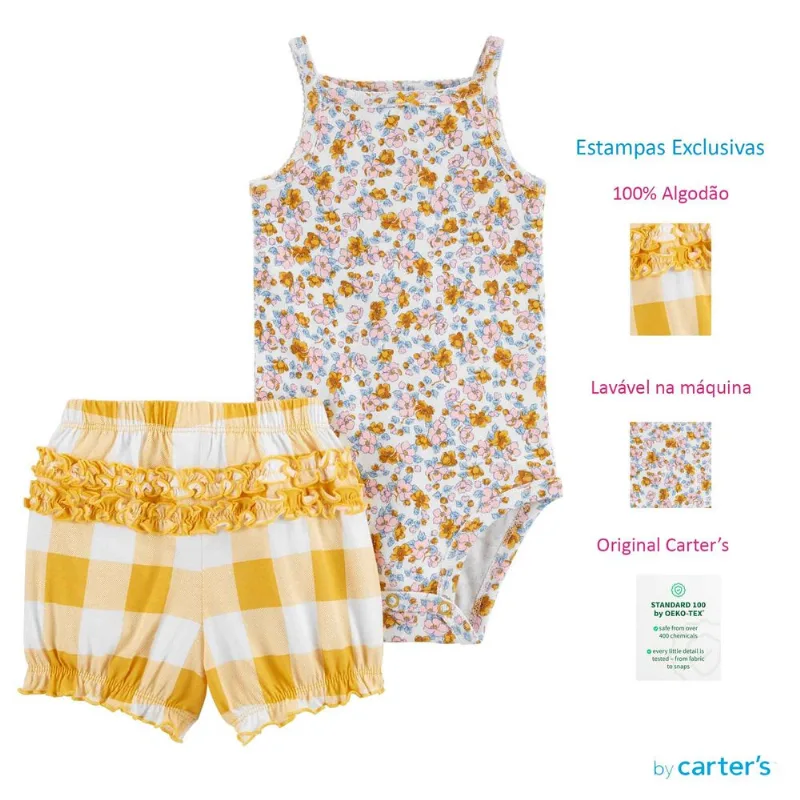 Conjunto Carter's Bebê Menina Body E Shorts Amarelo Floral Coleção Nova Carters