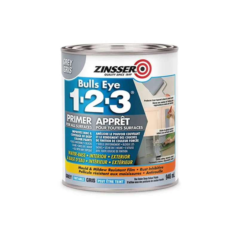 Zinsser Bulls Eye 1-2-3 Water-Based Primer Tintable Grey for Indoors and Outdoors - 946 mL