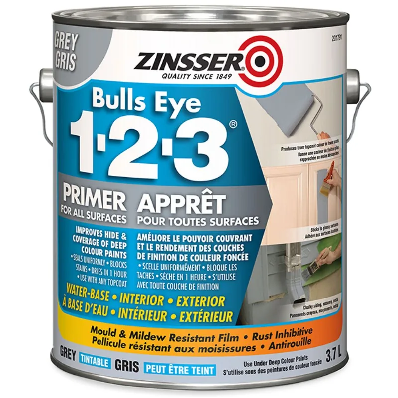 Zinsser Bulls Eye 1-2-3 Primer for All Surfaces Interior and Exterior Tintable Grey - 3.7 L