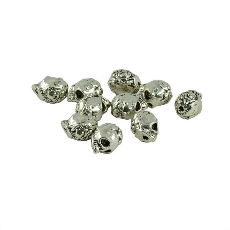 10 Peças De Espaçador De Cabeça De Crânio De Flor De Prata Tibetana 3d