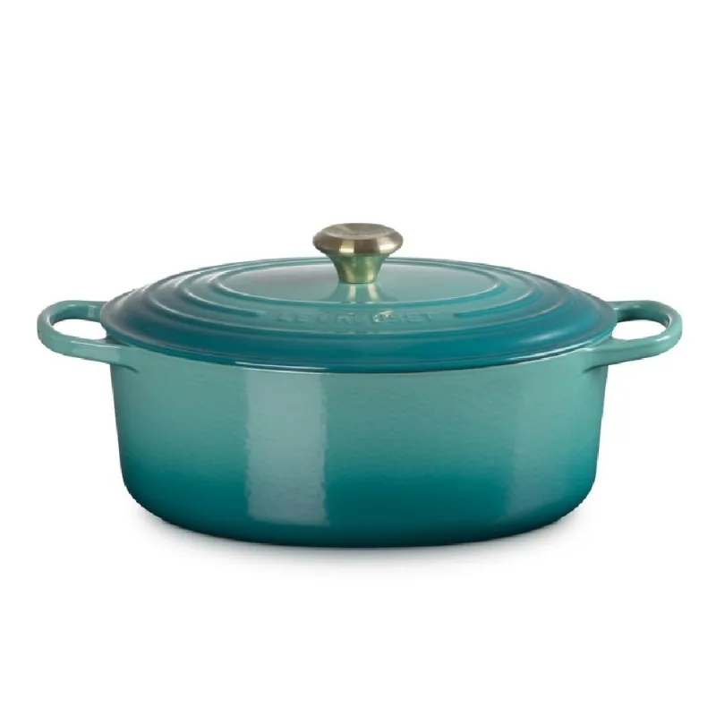 PANELA OVAL LE CREUSET SIGNATURE 31CM COM PUXADOR DOURADO EM FERRO FUNDIDO BLEU RIVIERA 21178310994450