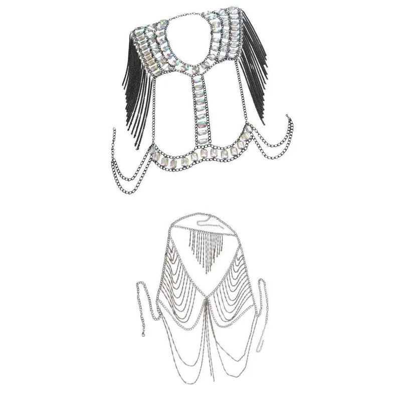 2x Moda Tassel Cristal Ombro Corpo Corrente Arnês