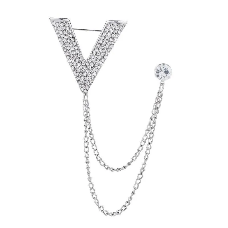 Terno Crystal V Brooch Tassel Chain Coat Suit Lapel Pin Shirt Stud