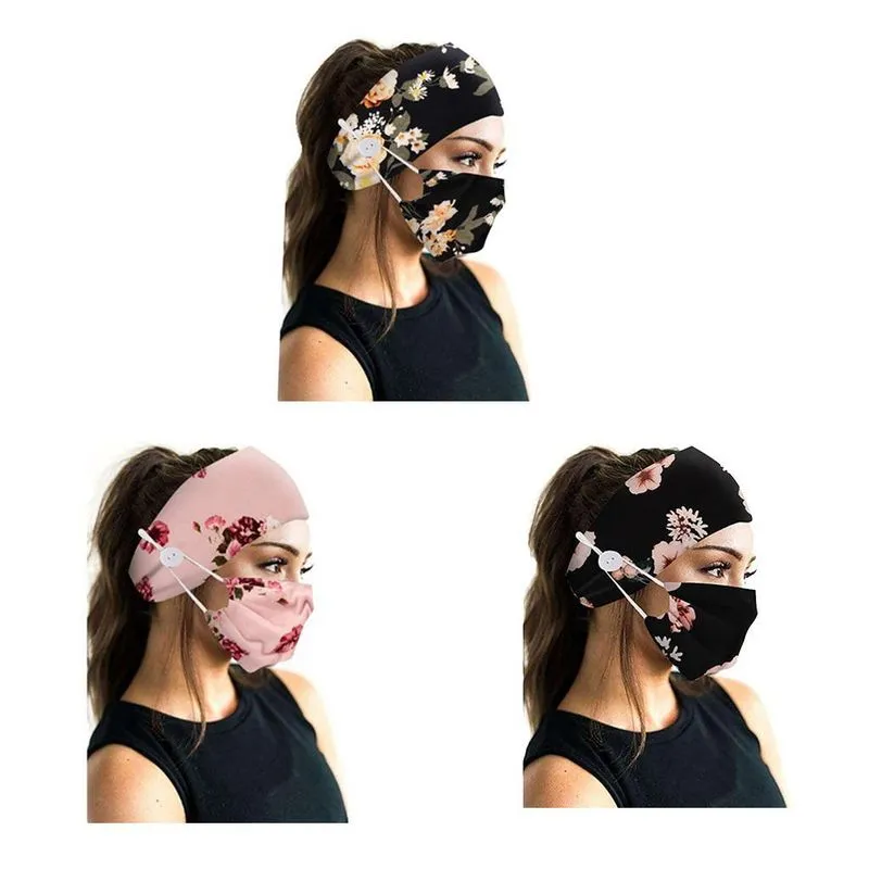 Faixa De Cabeça Com Botões De Moda De 3 Peças Com Máscara Facial Elástica