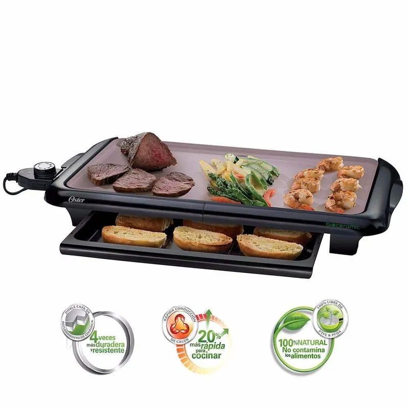 Oster® Plancha de Asar Eléctrica, con Bandeja Especial y Revestimiento Bioceramic™, Negro, CKSTGRFM18W