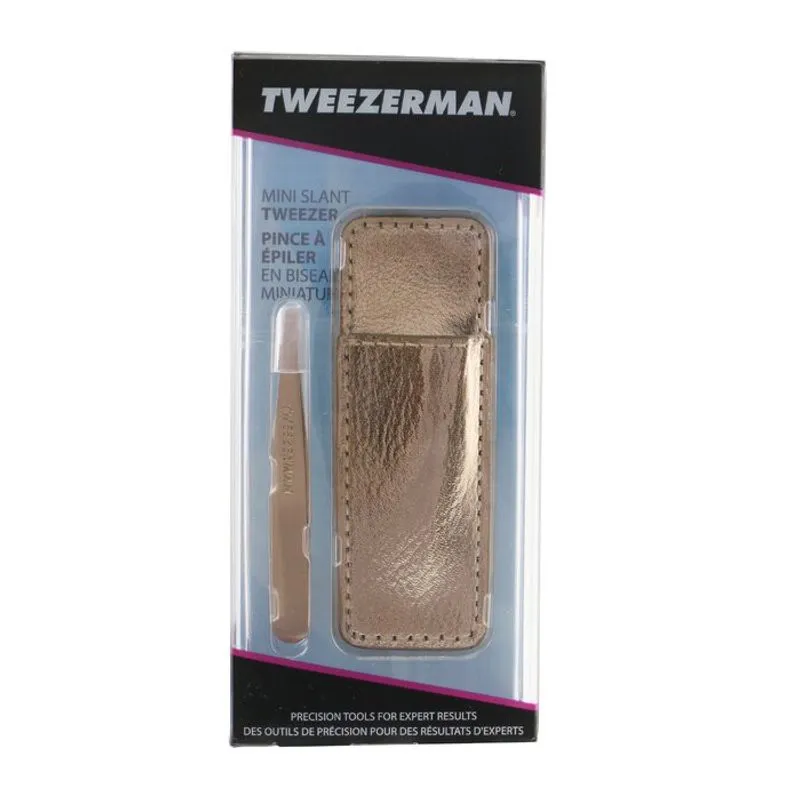 Pinça Tweezerman Mini Slant Com Estojo Em Ouro Rosa