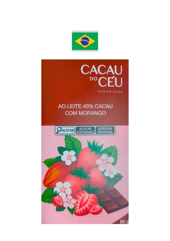 CACAU DO CEU CHOC AO LEITE 40% CACAU C/MORANGO 80g - Chocolate ao leite 40% cacau com morango. Origem: Brasil