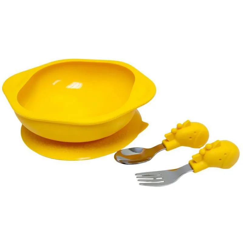 Kit Tigela Silicone Com Sucção Garfo E Colher Girafa