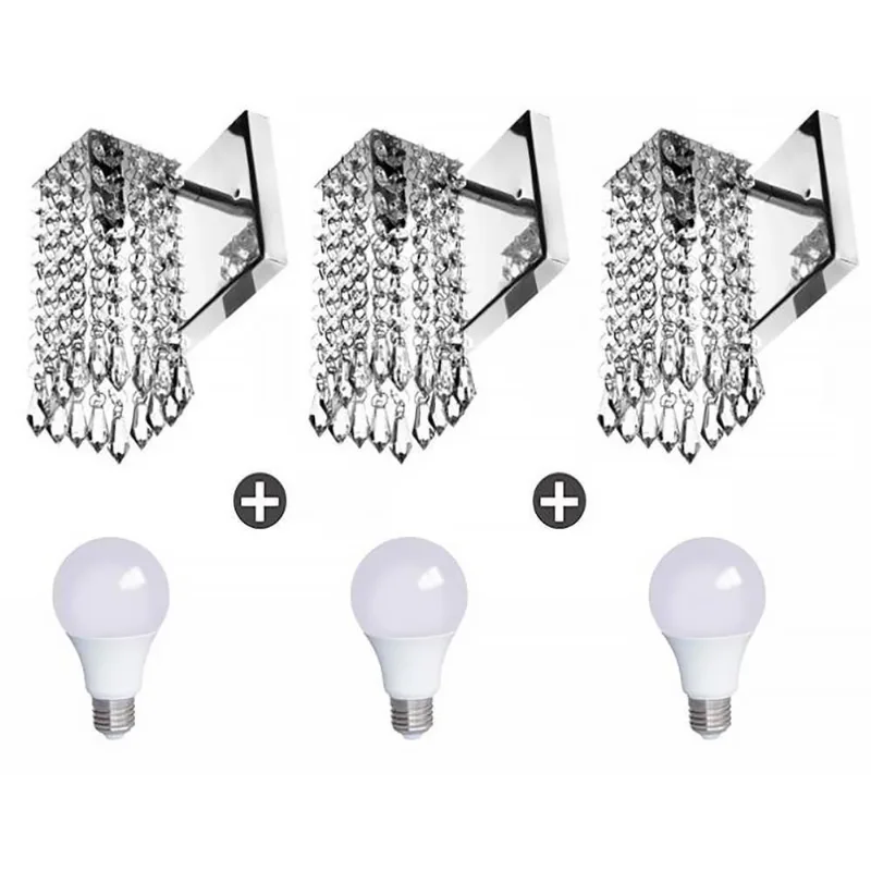 Kit 3 Arandelas de Cristal Acrilico Clearcrillic Quadrada + Lampadas